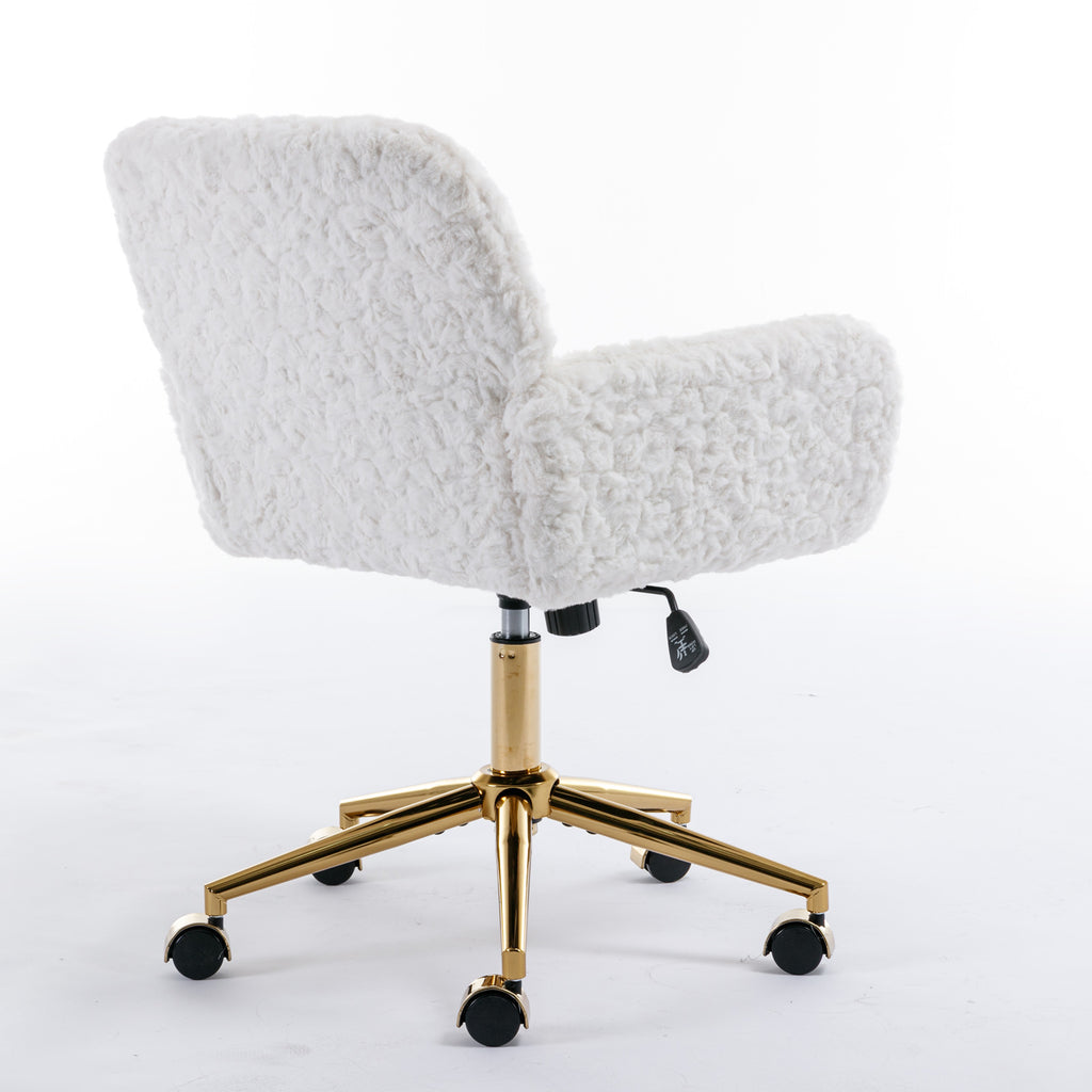 Artificial rabbit hair gold metal base home office chair adjustable chair rotating office chair, dressing chair (beige)