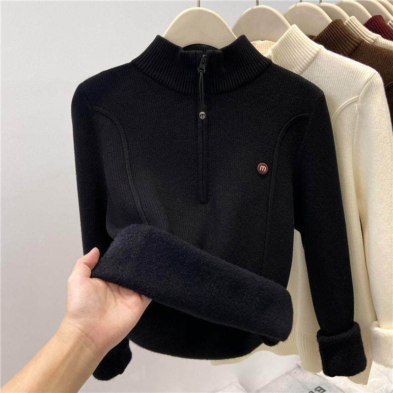Half high neck zipper top with soft and sticky knit sweater