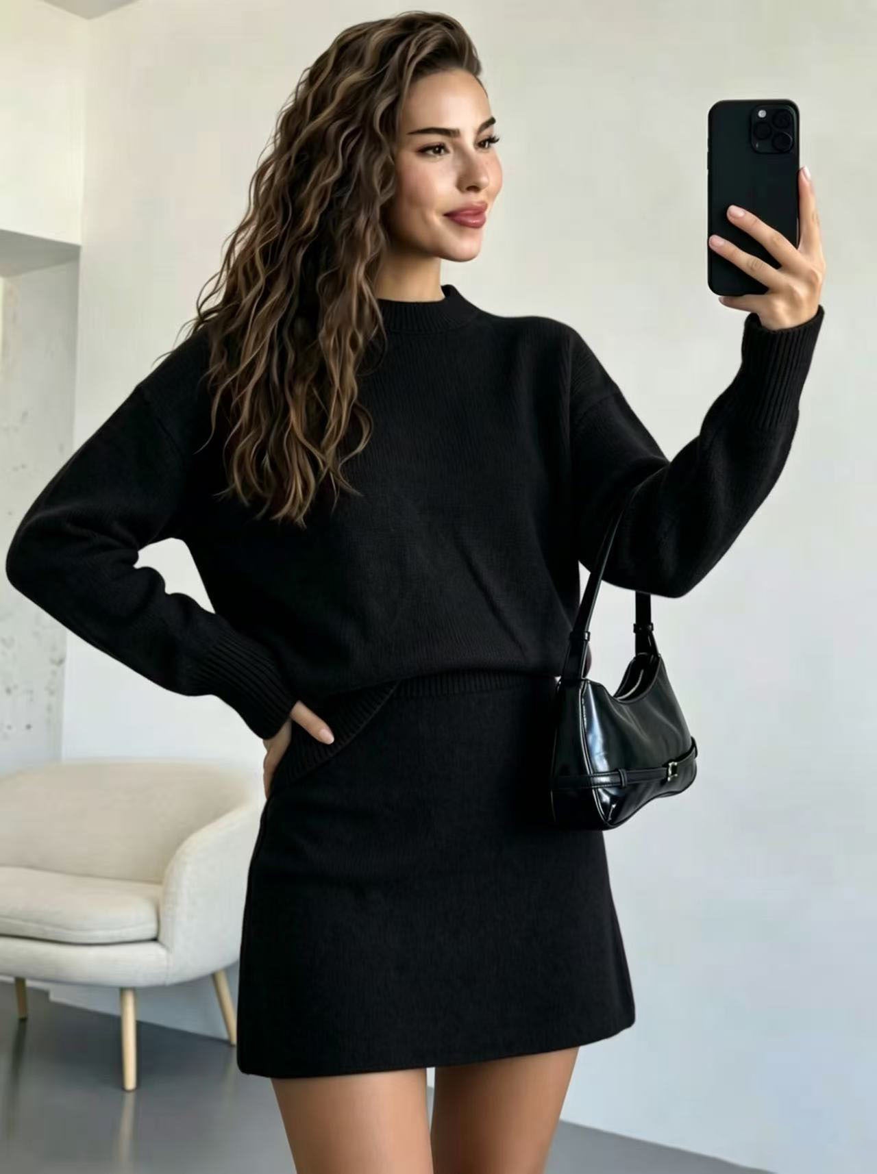 Knitted Set Vintage Style Elegant Short Skirt Two-Piece Women's Outfit