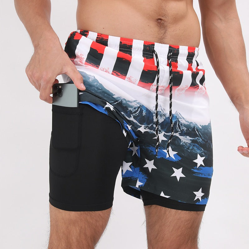 New Mens Casual Beach Sports Shorts Printed Double Layer Shorts Mens Anti glare Plus Size