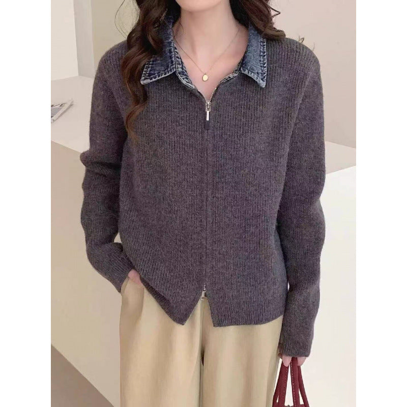 Vintage Patchwork Denim Lapel Knit Cardigan for Women