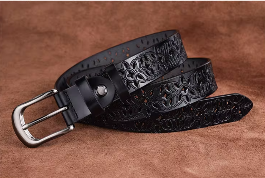 Hollow out belt, women's genuine leather needle buckle, cowhide wide belt, fashionable and versatile,
