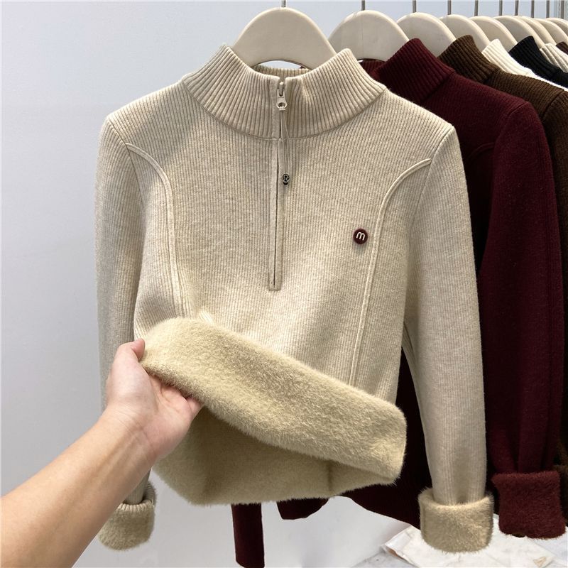 Half high neck zipper top with soft and sticky knit sweater