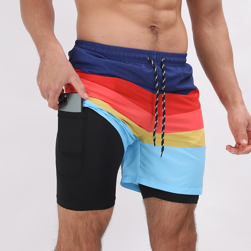 New Mens Casual Beach Sports Shorts Printed Double Layer Shorts Mens Anti glare Plus Size