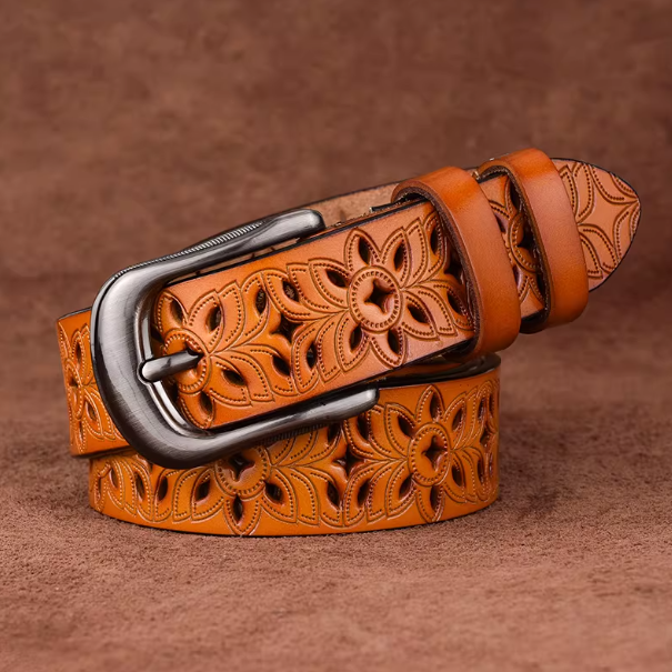 Hollow out belt, women's genuine leather needle buckle, cowhide wide belt, fashionable and versatile,