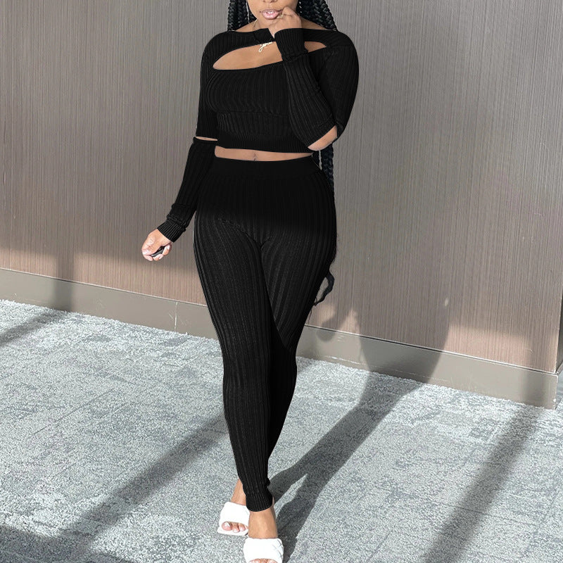 Slim Autumn And Winter New Style European And American Women's Long Sleeved Top And Leggings Two Piece Suit