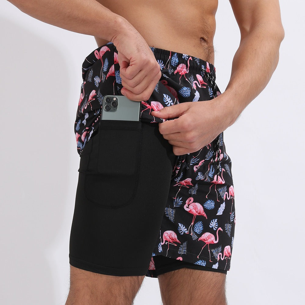 New Mens Casual Beach Sports Shorts Printed Double Layer Shorts Mens Anti glare Plus Size