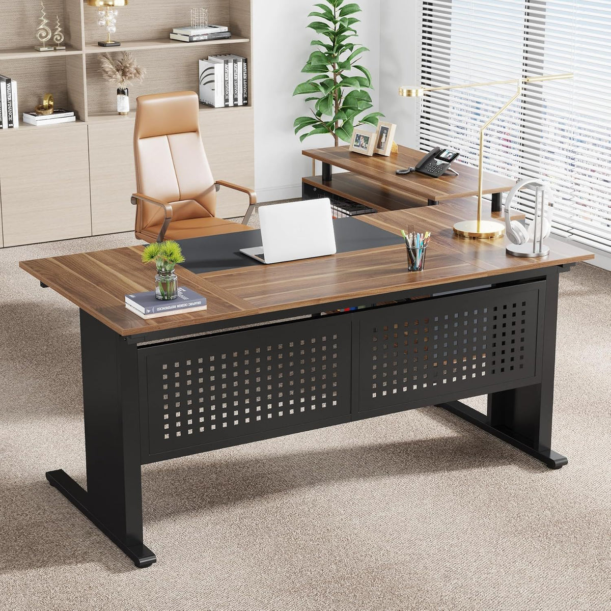 L-Shaped Executive Desk With File Cabinet, Office Workstation With Drawers, Shelves & Storage