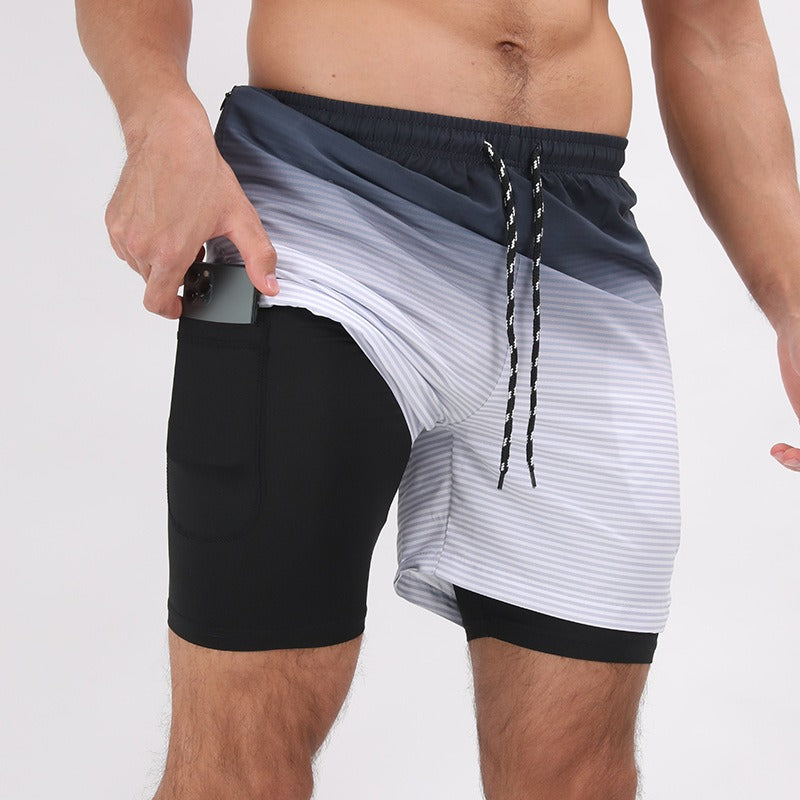 New Mens Casual Beach Sports Shorts Printed Double Layer Shorts Mens Anti glare Plus Size