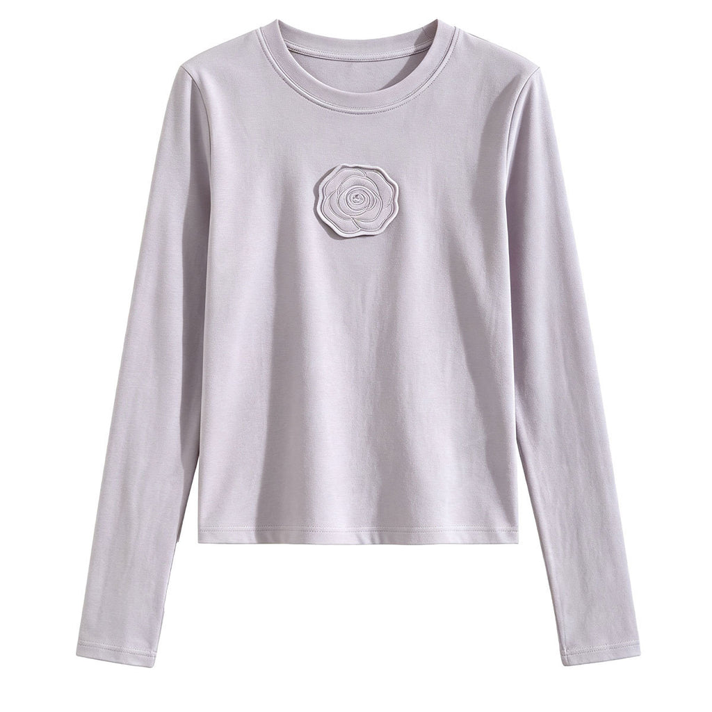 Classic Round Neck Regular Shoulder Basic Top Long Sleeve T-Shirt with Chest Applique, Versatile and Stylish