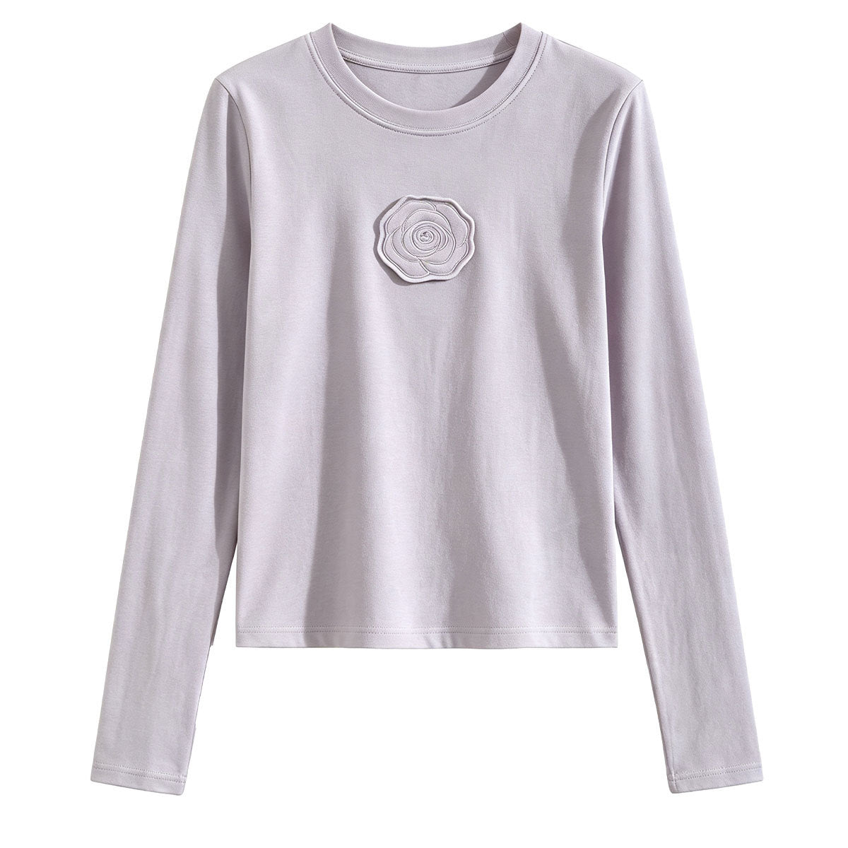Classic Round Neck Regular Shoulder Basic Top Long Sleeve T-Shirt with Chest Applique, Versatile and Stylish