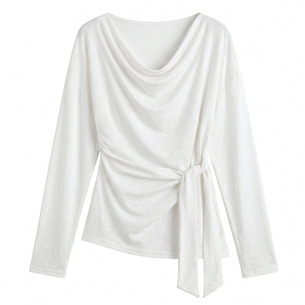 V-Neck Side Tie Waist Long Sleeve T-Shirt for Women  Unique Design Top