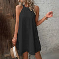 Womens Summer Vacation Dresses Hollow Lace Halter Solid Color Backless Short Dresses Casual Loose Holiday Beach Sundress