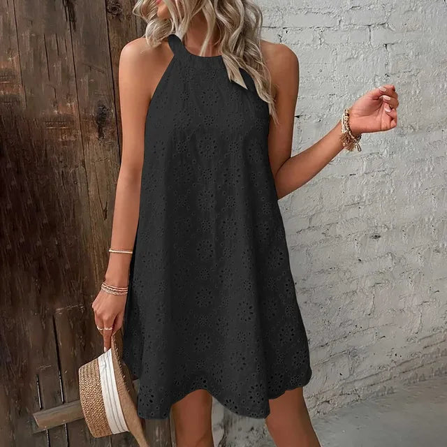 Womens Summer Vacation Dresses Hollow Lace Halter Solid Color Backless Short Dresses Casual Loose Holiday Beach Sundress