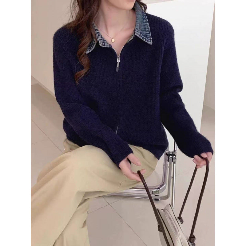 Vintage Patchwork Denim Lapel Knit Cardigan for Women