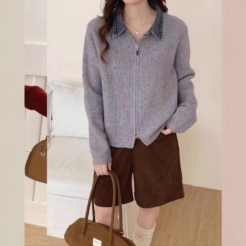 Vintage Patchwork Denim Lapel Knit Cardigan for Women
