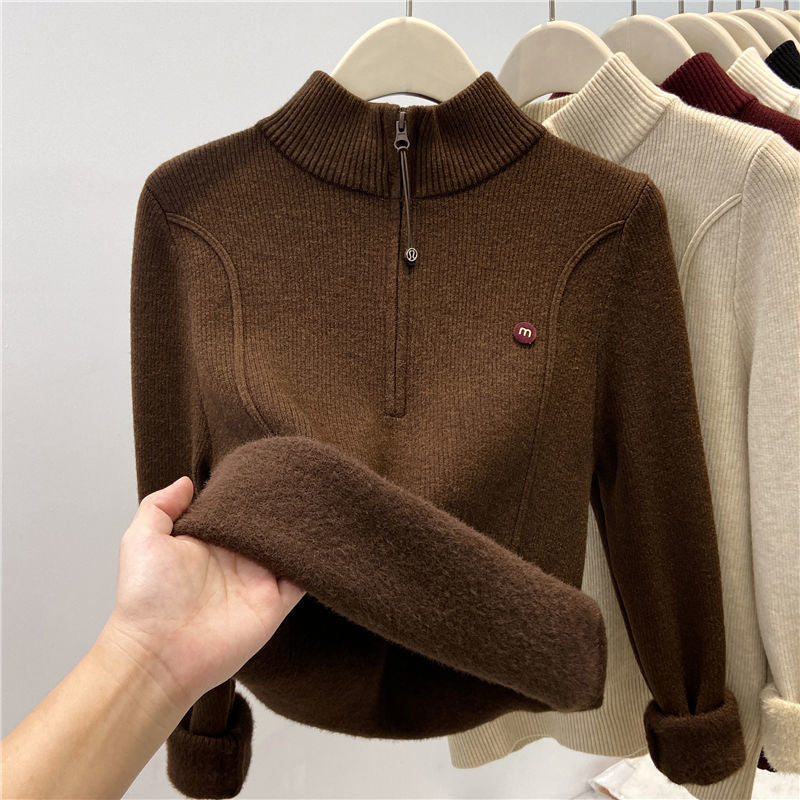 Half high neck zipper top with soft and sticky knit sweater