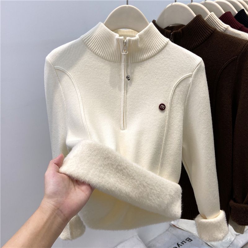Half high neck zipper top with soft and sticky knit sweater