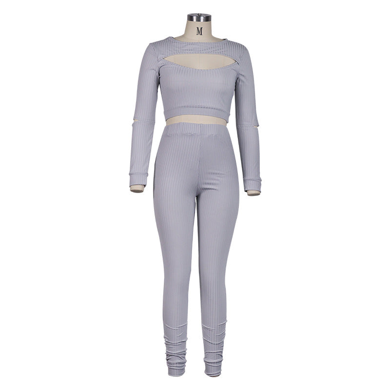 Slim Autumn And Winter New Style European And American Women's Long Sleeved Top And Leggings Two Piece Suit