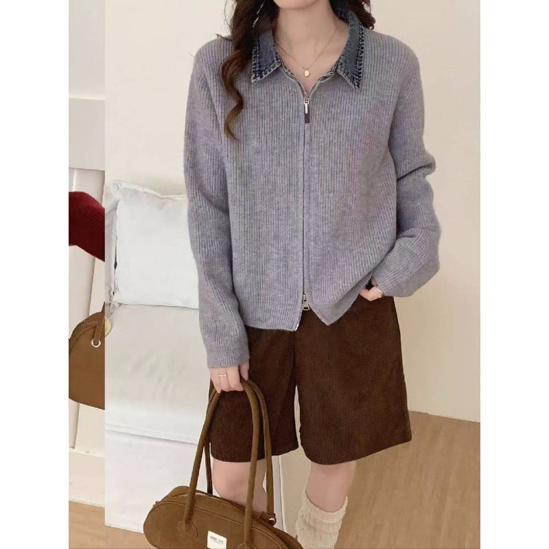 Vintage Patchwork Denim Lapel Knit Cardigan for Women