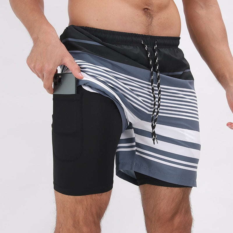 New Mens Casual Beach Sports Shorts Printed Double Layer Shorts Mens Anti glare Plus Size