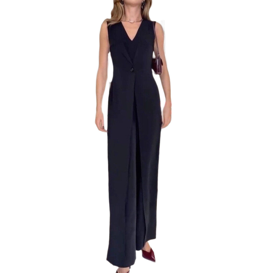 Chic V-Neck Buttoned Office-Friendly Fashion Split Jumpsuit for Women