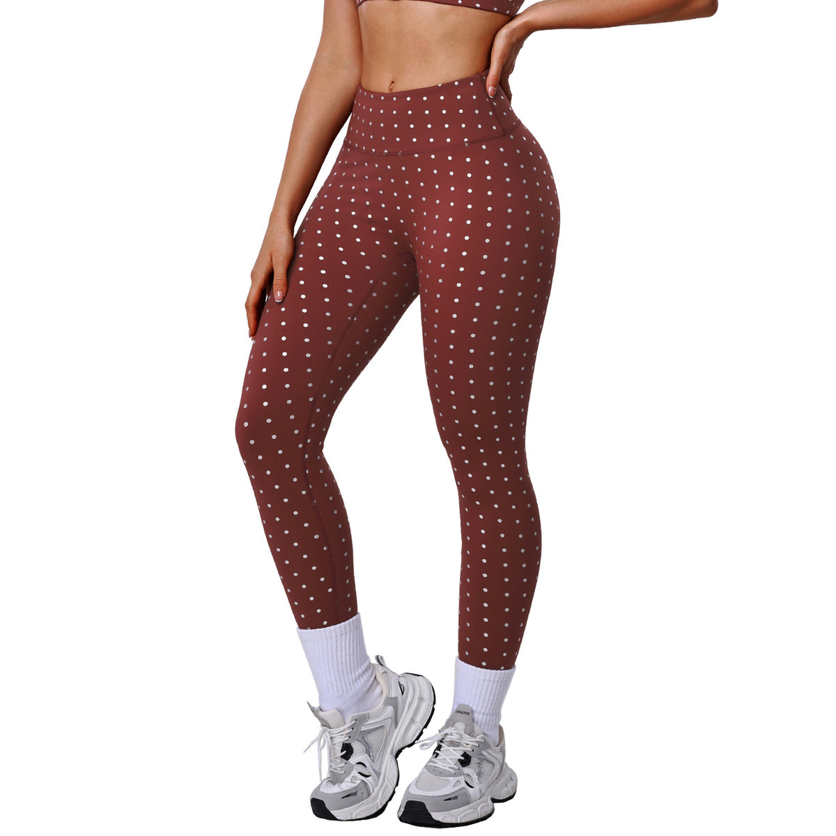 High Waist Elastic Silver Dot Yoga Pants for Women, Butt-Lifting Fitted Leggings, Outdoor Running Sports 9/10th Pants