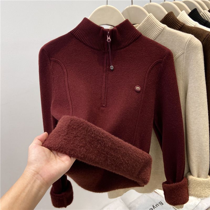 Half high neck zipper top with soft and sticky knit sweater