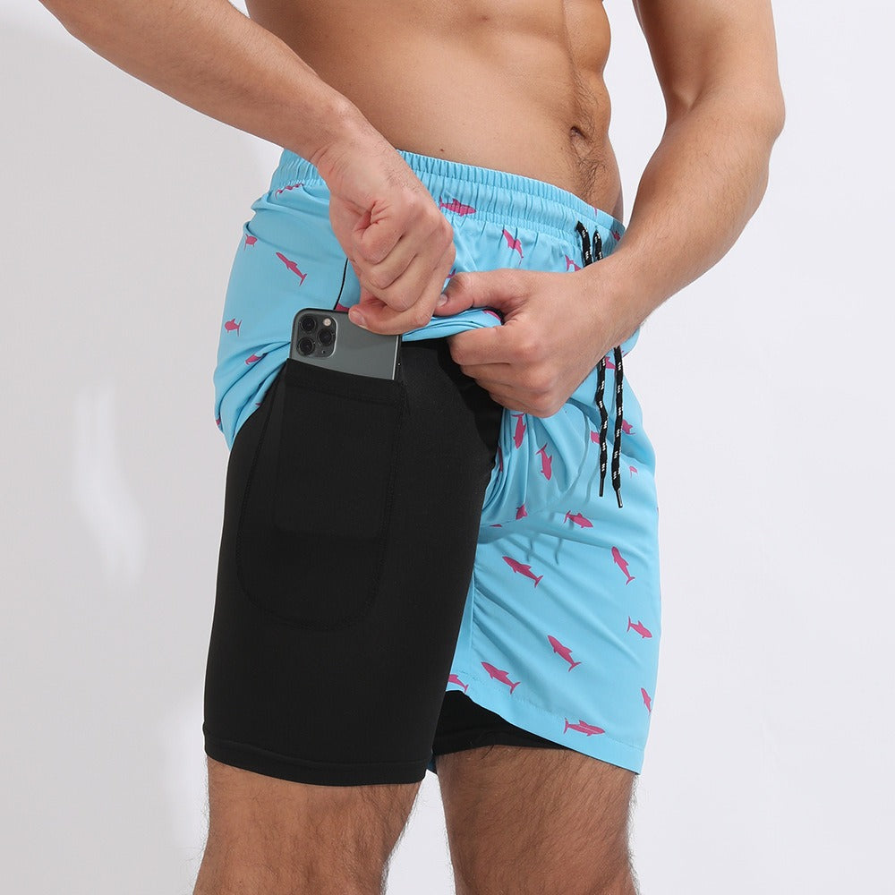 New Mens Casual Beach Sports Shorts Printed Double Layer Shorts Mens Anti glare Plus Size