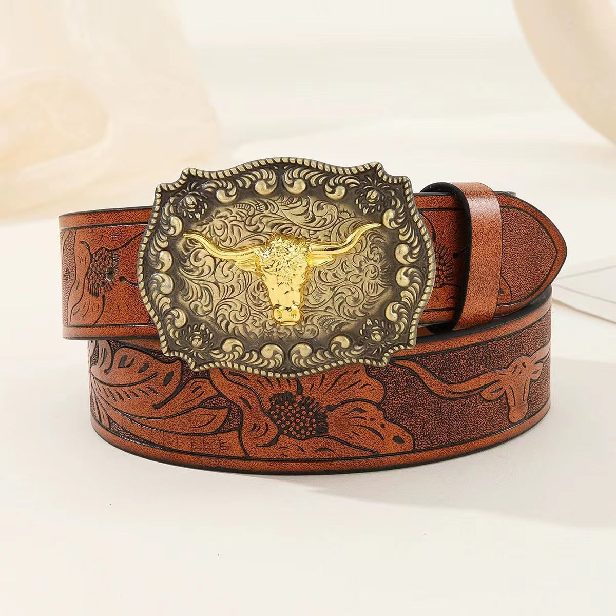 Western Cowboy Belt Versatile Bull Head Big Board Buckle Cowboy Carving Ethnic Style Male Punk PU Leather Belt