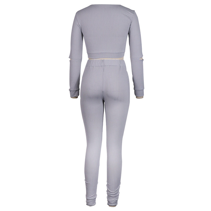 Slim Autumn And Winter New Style European And American Women's Long Sleeved Top And Leggings Two Piece Suit