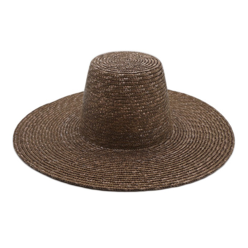 High top brown wheat straw big brim holiday straw hat for women summer sun protection
