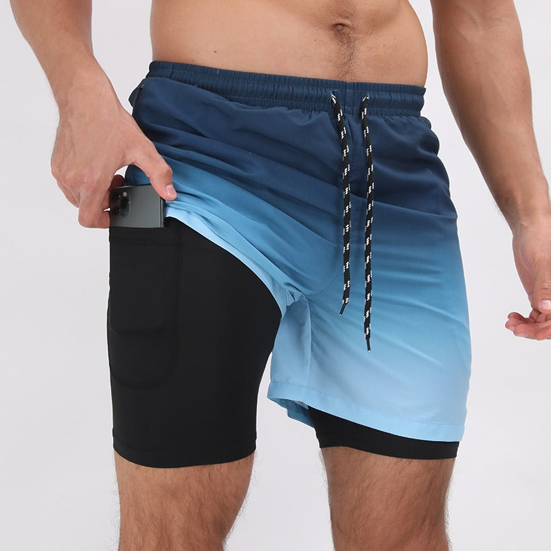 New Mens Casual Beach Sports Shorts Printed Double Layer Shorts Mens Anti glare Plus Size