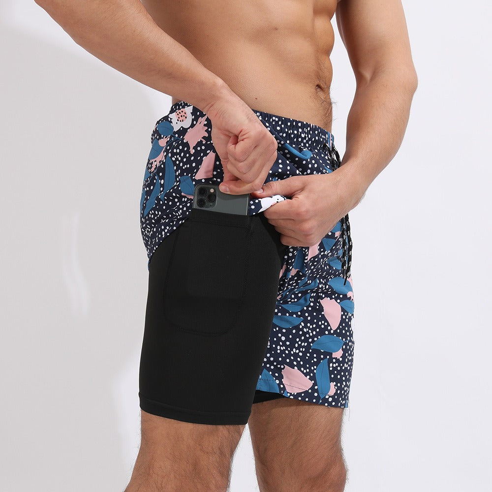 New Mens Casual Beach Sports Shorts Printed Double Layer Shorts Mens Anti glare Plus Size