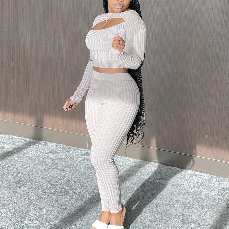 Slim Autumn And Winter New Style European And American Women's Long Sleeved Top And Leggings Two Piece Suit