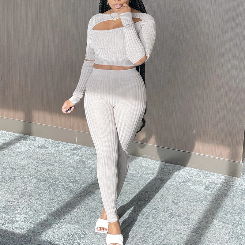 Slim Autumn And Winter New Style European And American Women's Long Sleeved Top And Leggings Two Piece Suit