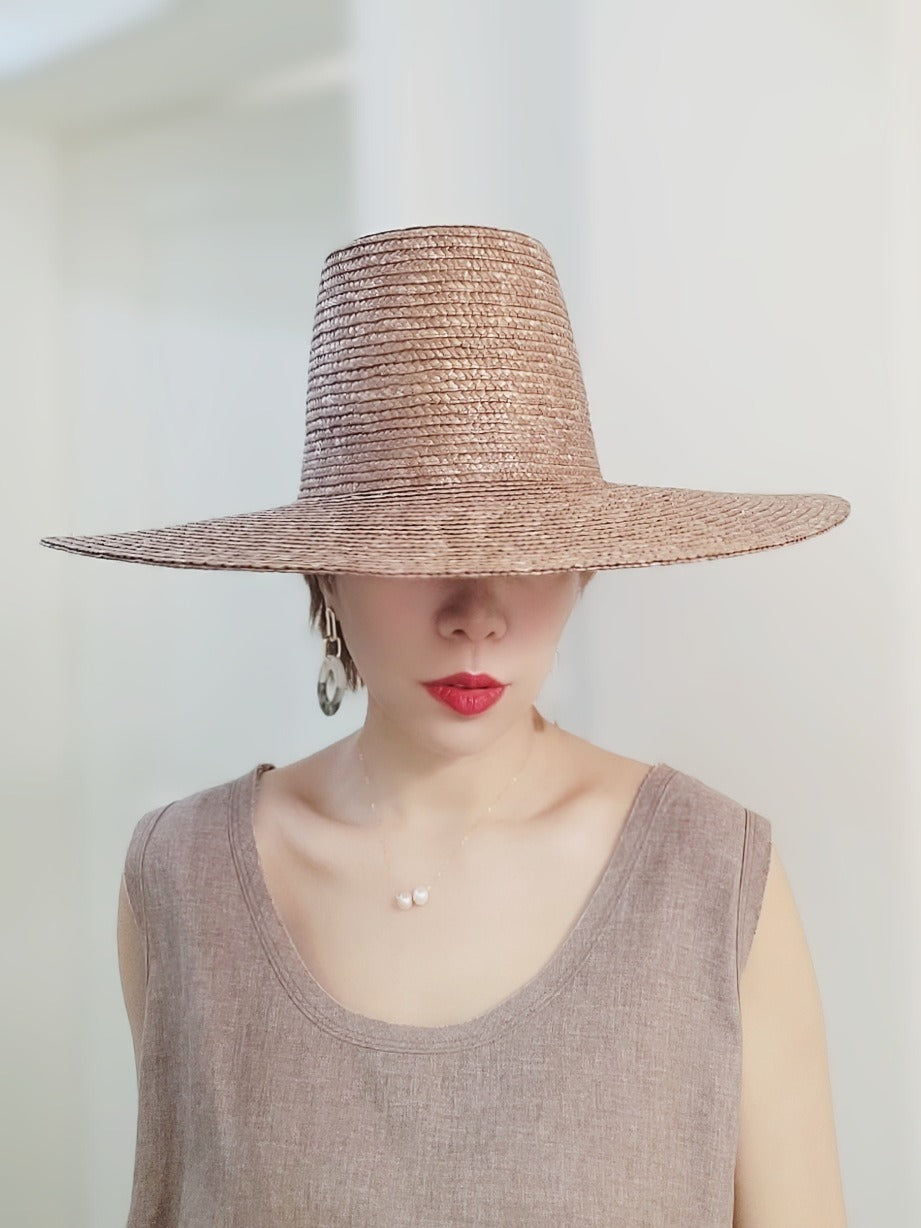 High top brown wheat straw big brim holiday straw hat for women summer sun protection