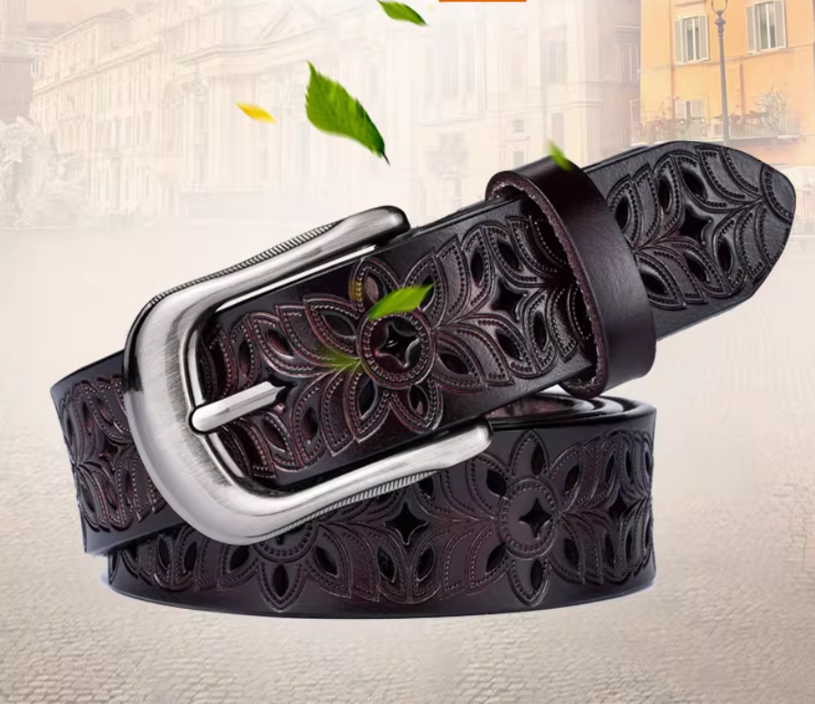 Hollow out belt, women's genuine leather needle buckle, cowhide wide belt, fashionable and versatile,