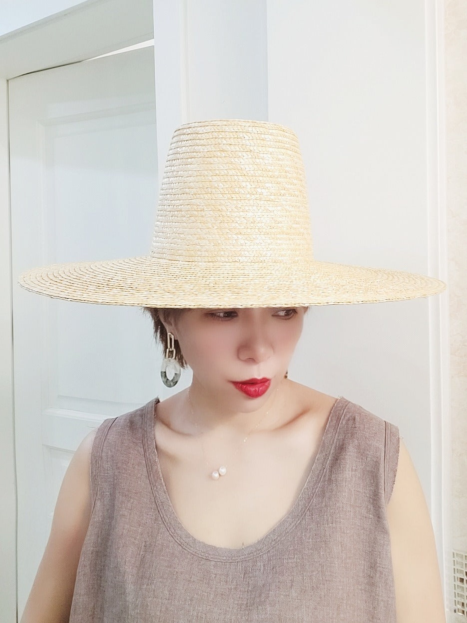 High top brown wheat straw big brim holiday straw hat for women summer sun protection
