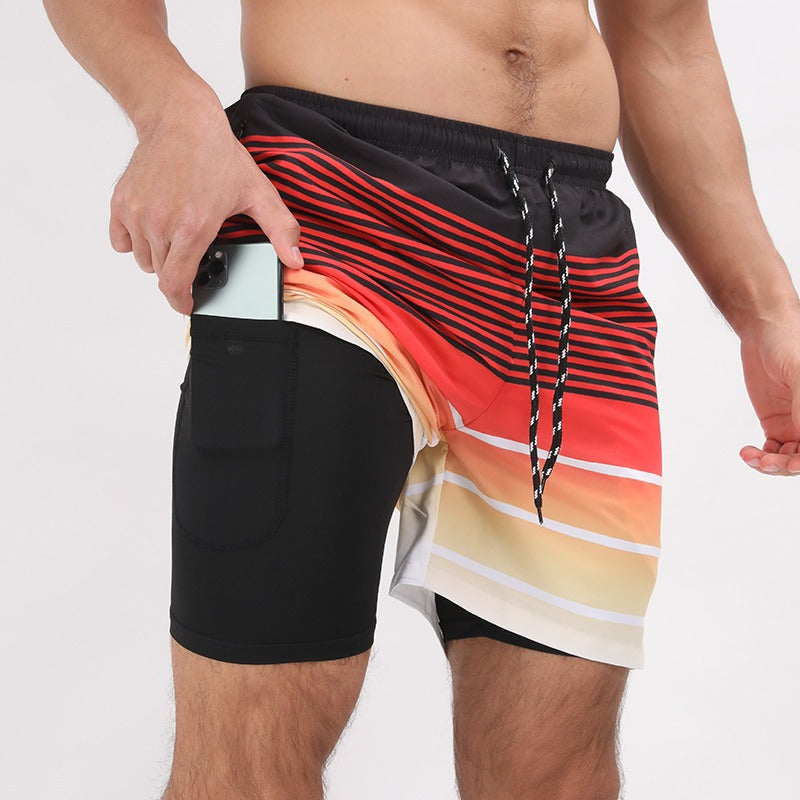 New Mens Casual Beach Sports Shorts Printed Double Layer Shorts Mens Anti glare Plus Size