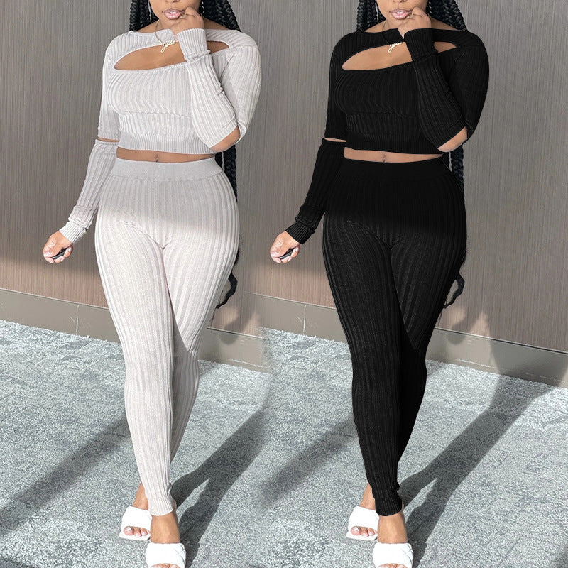 Slim Autumn And Winter New Style European And American Women's Long Sleeved Top And Leggings Two Piece Suit