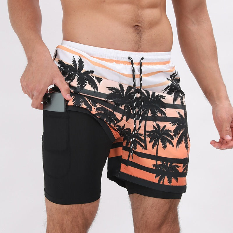 New Mens Casual Beach Sports Shorts Printed Double Layer Shorts Mens Anti glare Plus Size