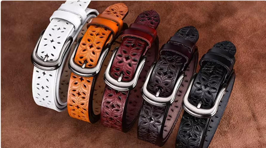 Hollow out belt, women's genuine leather needle buckle, cowhide wide belt, fashionable and versatile,