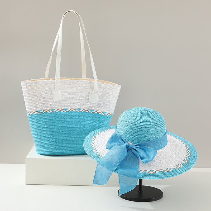 Straw Bag and Hat Set for Women, Beach Vacation, Versatile Sun Protection Wide Brim Hat, Commute Travel Large Capacity Tote Bag