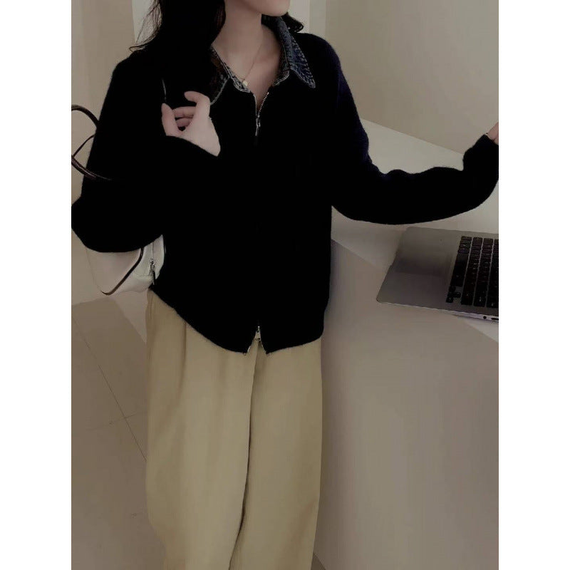 Vintage Patchwork Denim Lapel Knit Cardigan for Women