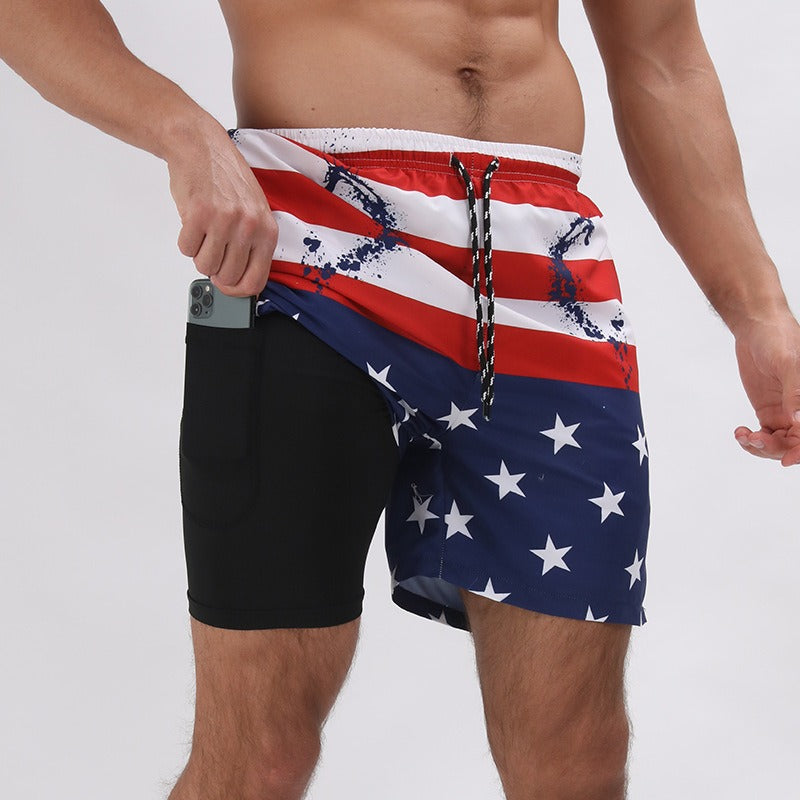 New Mens Casual Beach Sports Shorts Printed Double Layer Shorts Mens Anti glare Plus Size