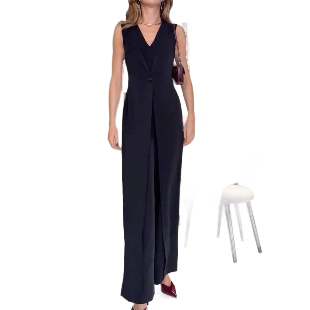 Chic V-Neck Buttoned Office-Friendly Fashion Split Jumpsuit for Women