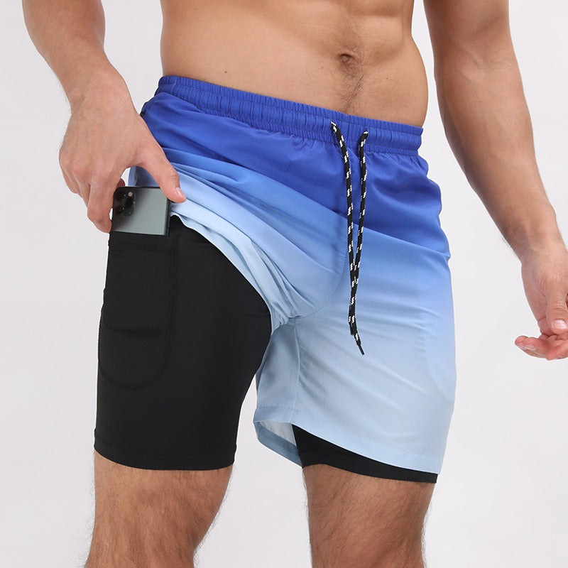New Mens Casual Beach Sports Shorts Printed Double Layer Shorts Mens Anti glare Plus Size