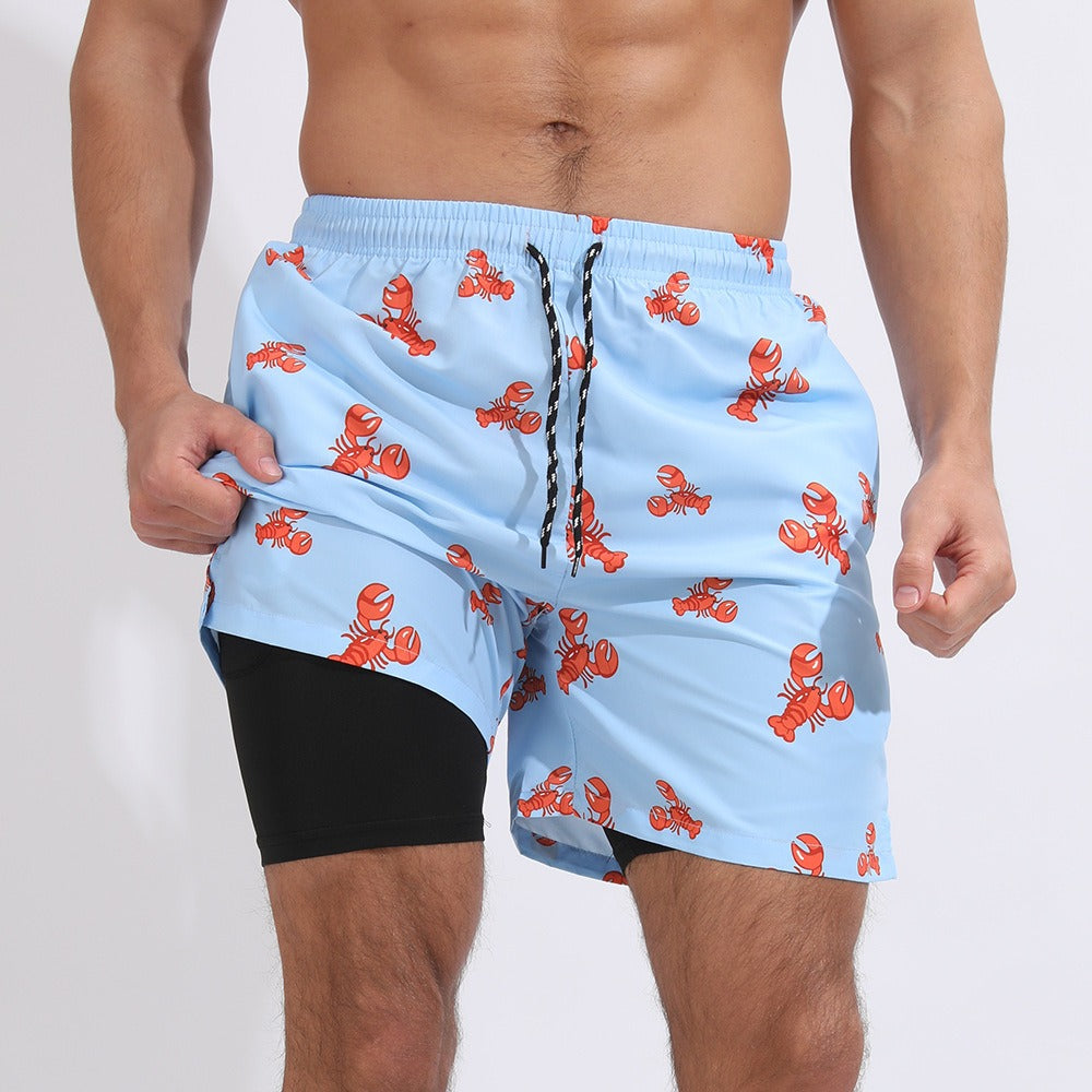 New Mens Casual Beach Sports Shorts Printed Double Layer Shorts Mens Anti glare Plus Size
