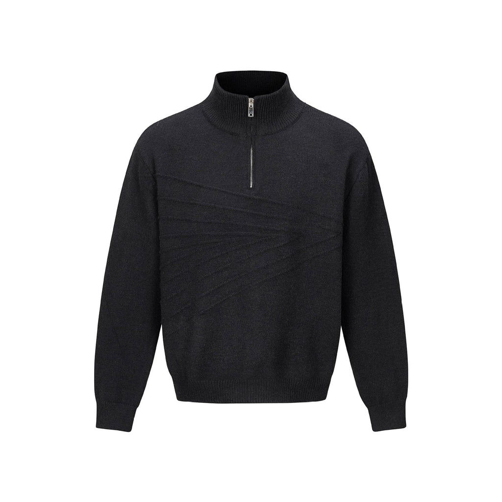 Distressed Jacquard Knit Loose Half-Zip High Neck Sweater Men